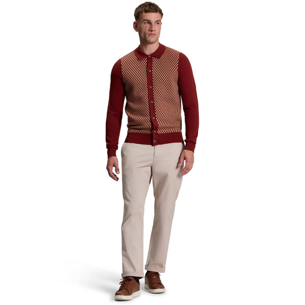 Model Wearing the Ben Sherman Checkerboard Panel Knitted Polo Cardigan in Sienna with Chino Trousers