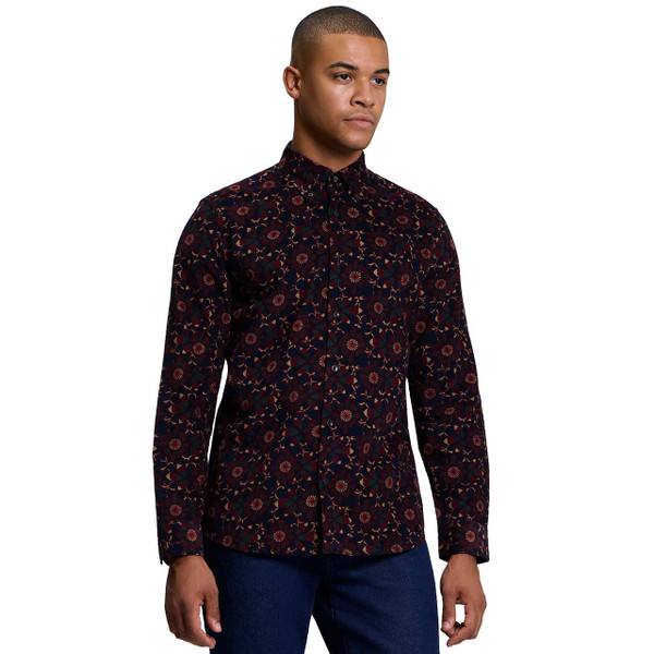 Model Wearing the Ben Sherman Retro Geometric Floral Print Cord Shirt Dark Navy