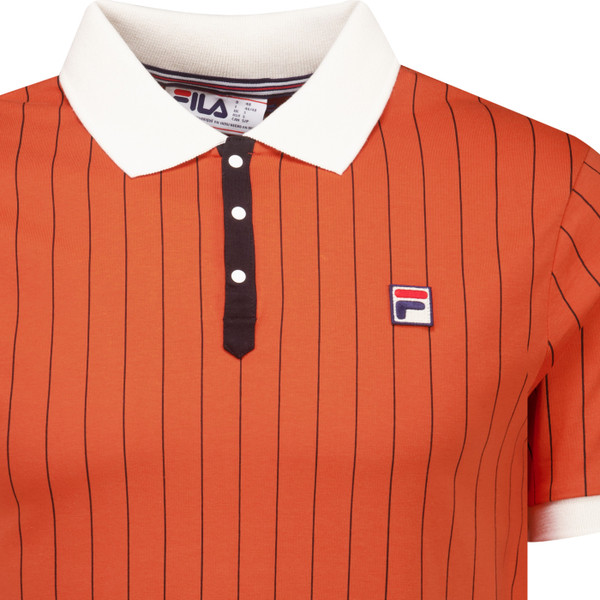 Fila Vintage Mens BB1 Pinstripe Borg Polo T-Shirt in Burnt Ochre Gardenia and Black