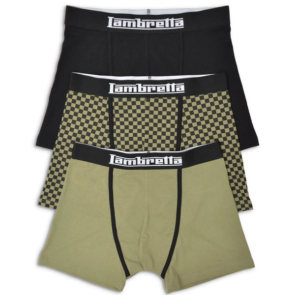 Lambretta Men's 3 Pack Boxer Shorts in Black, Khaki Green and Mod Checkerboard
