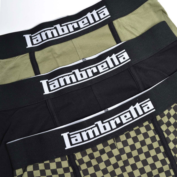 Waistband branding on Lambretta Men's 3 Pack Boxer Shorts in Black, Khaki Green and Mod Checkerboard