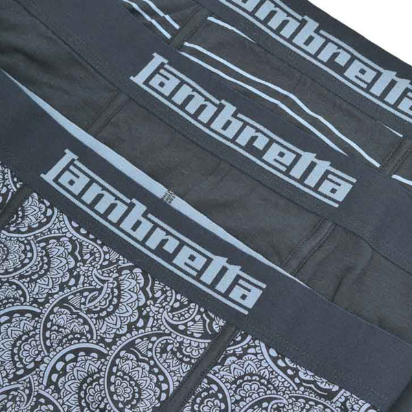 Waistband branding on Lambretta Men's 3 Pack Boxer Shorts in Navy, Navy Stripe and Blue Paisley