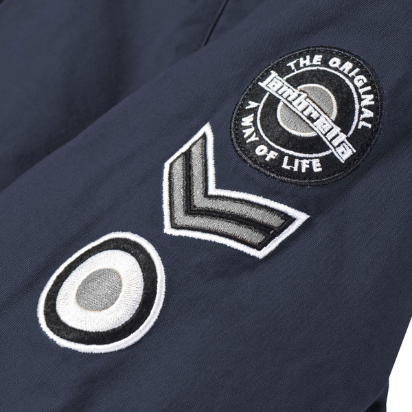 Sew on patches on Lambretta Mod 60s Sherpa Lined Hooded Fishtail Parka Coat in Dark Navy