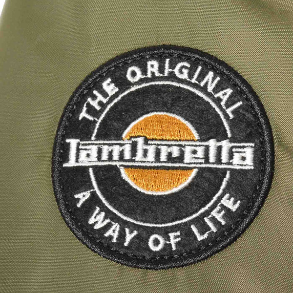 Sew on patch on sleeve of Lambretta Men's Mod MA-1 Flight Bomber Jacket in Khaki Green
