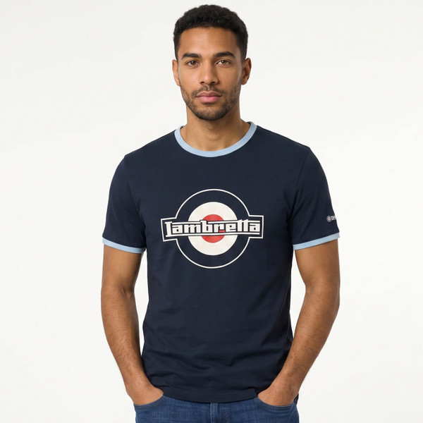 Man wearing Lambretta Mod Target Logo Ringer T-Shirt in Dark Navy and Blue