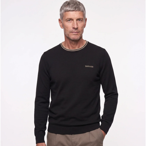 Man wearing Lambretta Men's Twin Tipped Knitted Jumper in Black/Stone