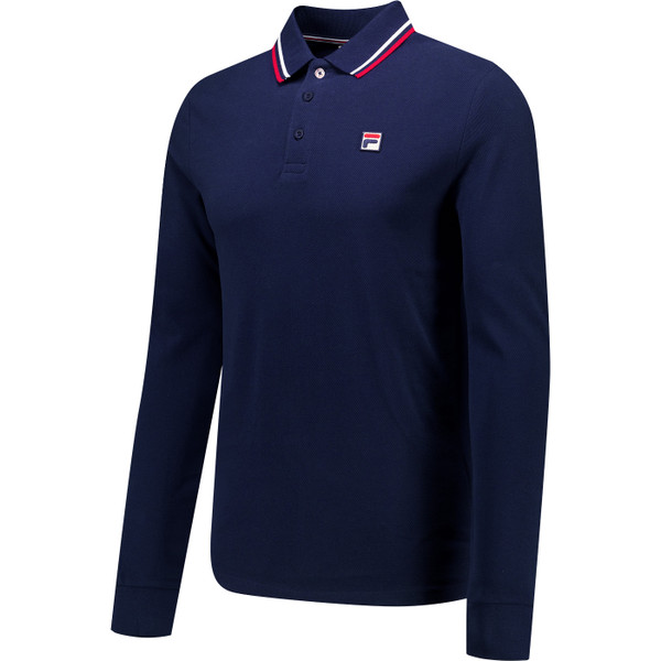 Fila Vintage Mens Monte Long Sleeve Twin Tipped Polo Top in Navy  Red and White