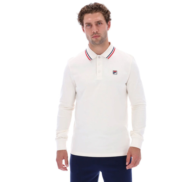 Man wearing Fila Vintage Monte Long Sleeve Twin Tipped Polo in Gardenia Off White