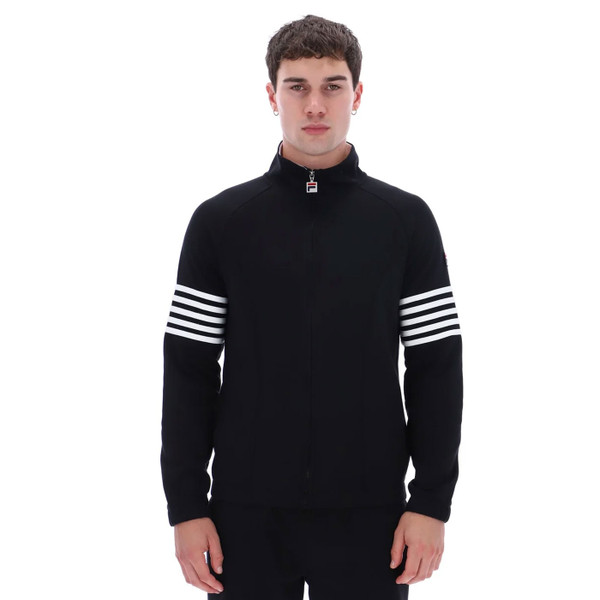 Man wearing Fila Vintage Patrice Sleeve Stripe 80s Track Jacket in Black