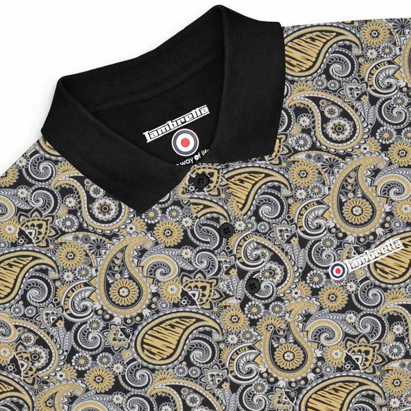 Black Collar on Lambretta Retro 60s Paisley Polo Shirt in Black/Grey