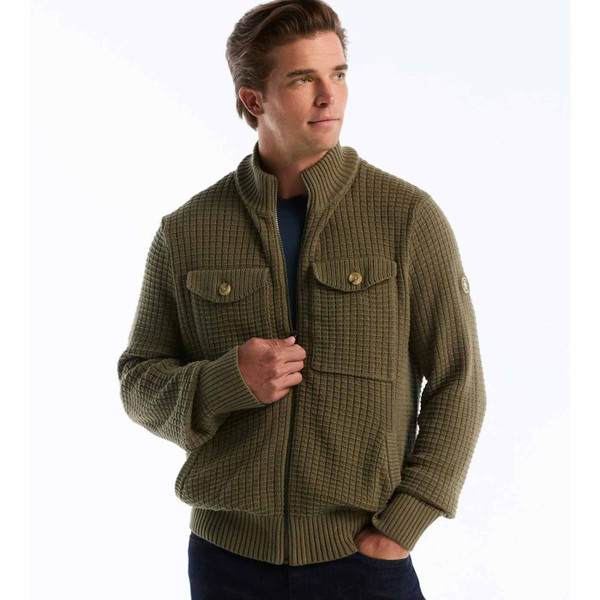 Man wearing Original Penguin Men's Chunky Waffle Knit Cardigan in Dusty Olive