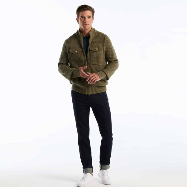 Full length image of Original Penguin Men's Chunky Waffle Knit Cardigan in Dusty Olive