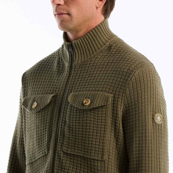 Collar and chest pockets on Original Penguin Men's Chunky Waffle Knit Cardigan in Dusty Olive
