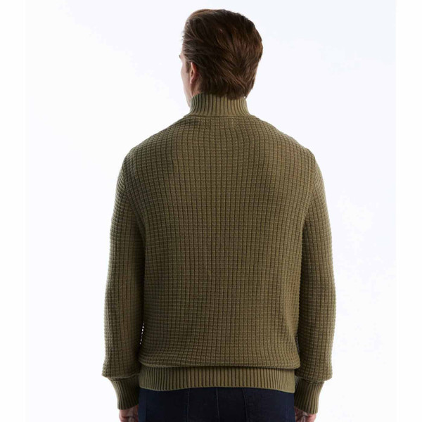 Back of Original Penguin Men's Chunky Waffle Knit Cardigan in Dusty Olive