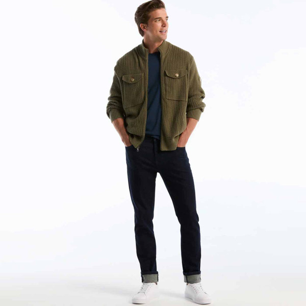 Man wearing Original Penguin Men's Chunky Waffle Knit Cardigan in Dusty Olive