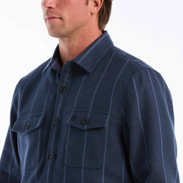 Collar on Original Penguin Men's Striped Twill Overshirt in Dark Sapphire