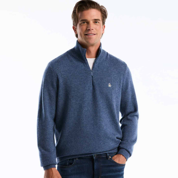 Man wearing Original Penguin Lambswool Quarter Zip Jumper in Sargasso Sea
