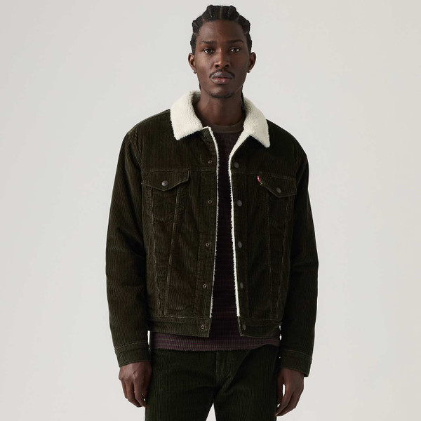 Model Wearing the Levi's Type III Corduroy Sherpa Trucker Jacket Rosin - Front View