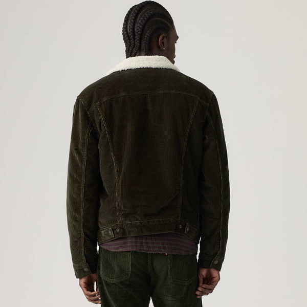 Model Wearing the Levi's Type III Corduroy Sherpa Trucker Jacket Rosin - Back View