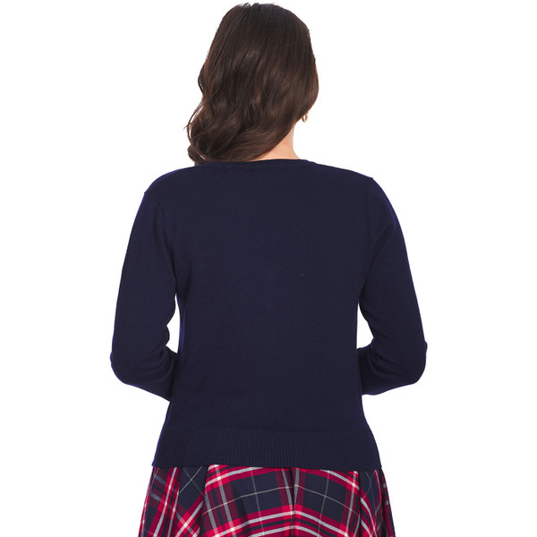Back of Banned Retro London Town Candy Cane 50s Christmas Cardigan in Navy