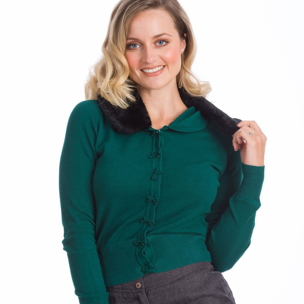 Removable collar on Banned Retro Bow Dreaming Faux Fur Collar Rockabilly Cardigan in Green