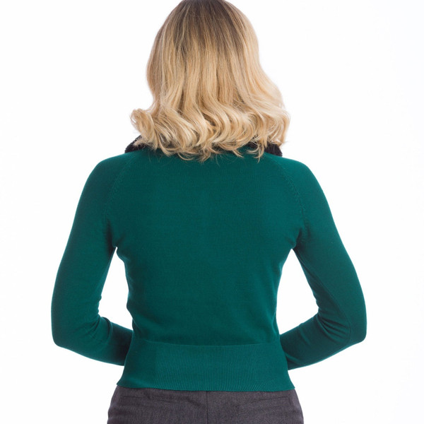 Back of Banned Retro Bow Dreaming Faux Fur Collar Rockabilly Cardigan in Green