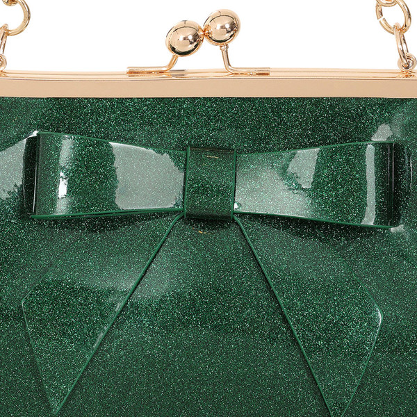 Bow on front of Banned Retro American Vintage Sparkle Handbag in Dark Green