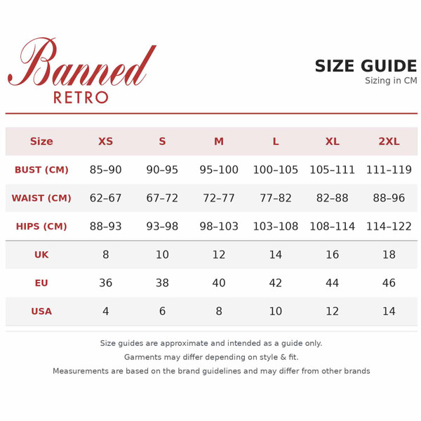 Size guide for the Banned Retro Vania Faux Fur Leopard Coat