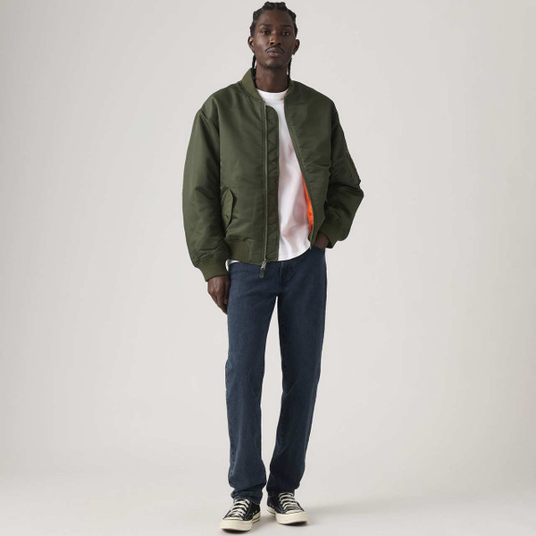Model Wearing the Levi's 511 Slim Jeans Blue Aria with Bomber Jacket