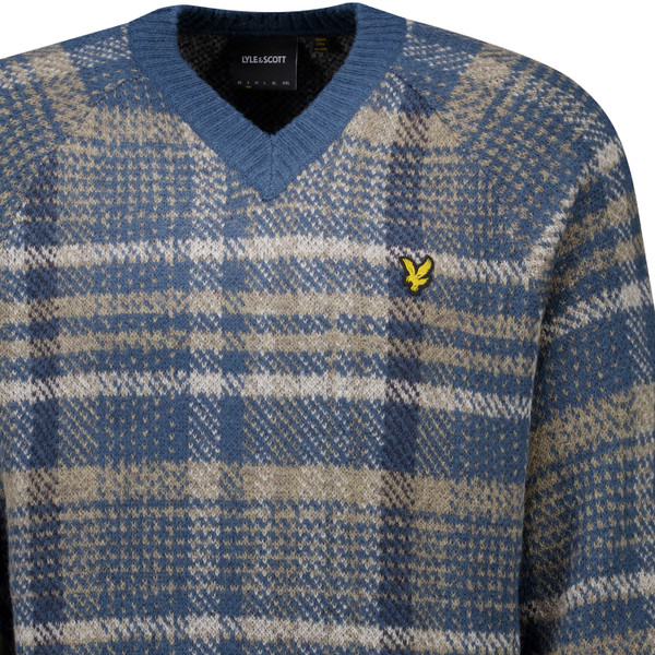 Lyle & Scott Mens Offset Check V Neck Jumper in Aegean Blue