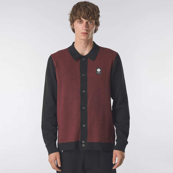 Model Wearing the Pretty Green Mens Roxy Button Front Knit Shirt Cardigan in Black