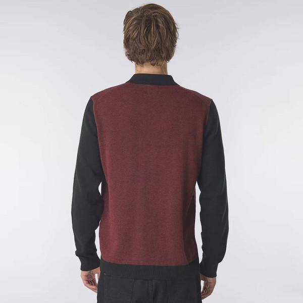 Pretty Green Mens Roxy Button Front Knit Shirt Cardigan in Burgundy and Black -Back View