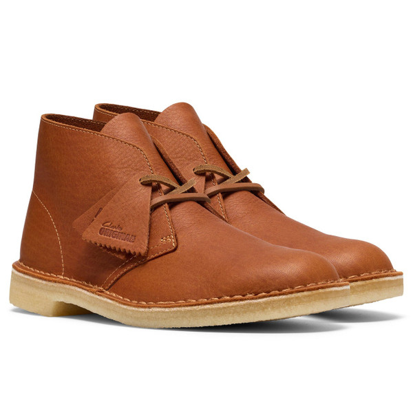 Clarks Originals Men's Crepe Sole Mod Desert Boots in Burnt Orange Leather - Pair of boots side view at angle