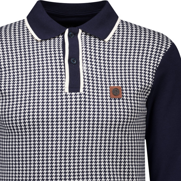 Trojan Mens Houndstooth Panel Long Sleeve Polo Shirt in Navy