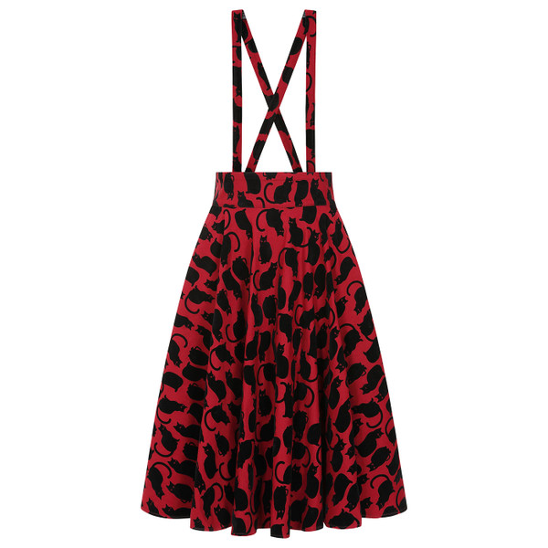 Banned Retro Cecilia Cattitude Black Cat Print Flared Suspender Skirt in Red/Black