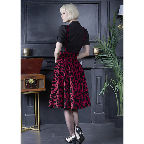 Back of Banned Retro Cecilia Cattitude Black Cat Print Flared Suspender Skirt in Red/Black