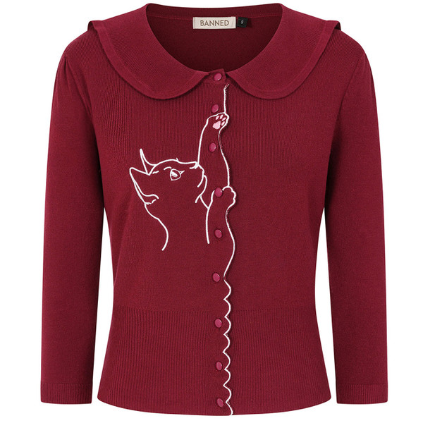 Banned Retro Cat Scallop Front Peter Pan Collar Cardigan in Burgundy