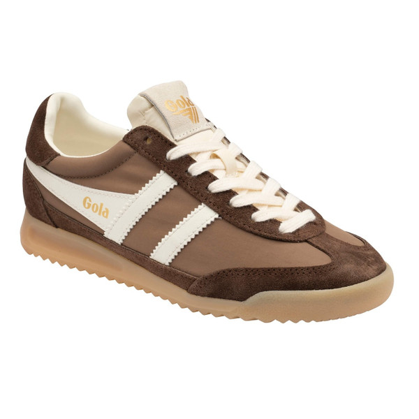 Gola Classics Firefly Women's Retro Trainers in Otter / Dark Brown / Off White - Single Trainer Side On At Angle