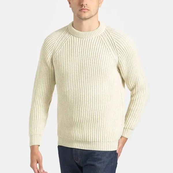 Man wearing Gloverall Made In England Men's Fisherman Rib Merino Jumper in Ecru