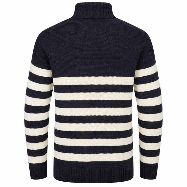 Back of Gloverall Submariner Breton Stripe Roll Neck in Navy