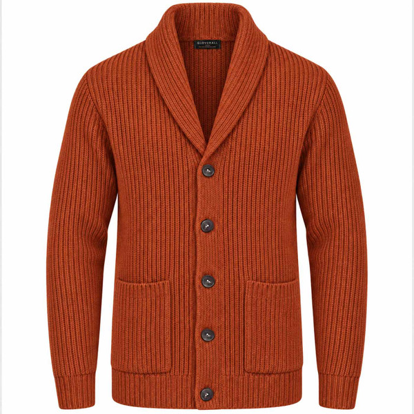 Gloverall Made In England Shawl Collar Ribbed Cardigan in Burnt Orange