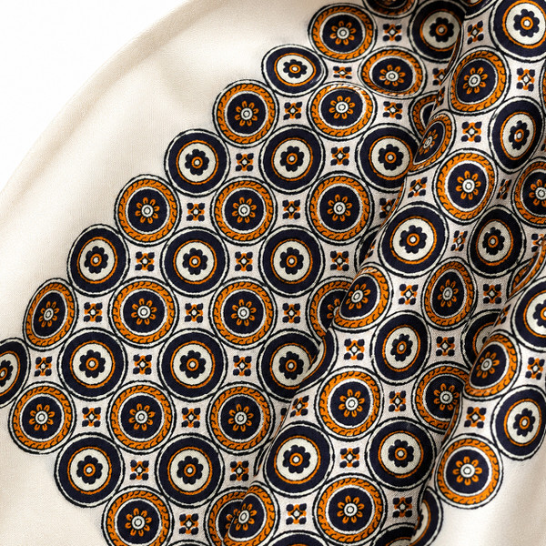 Tootal Geo Circles Border Fringed Silk Scarf in Cream - Pattern Detail