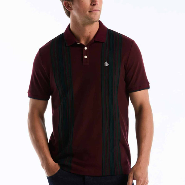 Man wearing Original Penguin Raised Ottoman Vertical Stripe Polo Shirt in Port Royale Red