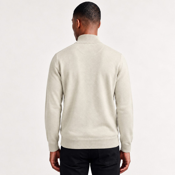 Model Wearing Luke 1977 Pretender Quarter Zip Knitted Jumper in Stone - Back