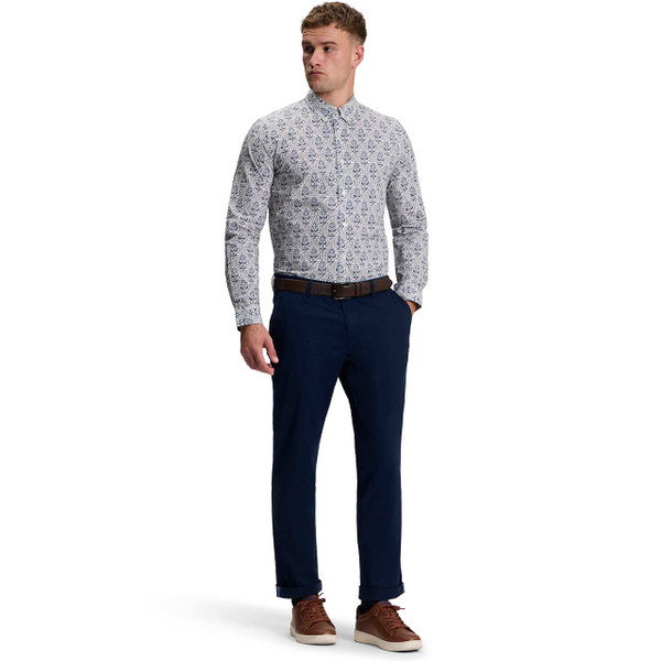 Model Wearing the Ben Sherman 60s Mod Intricate Floral Print Shirt in Snow White with Chinos