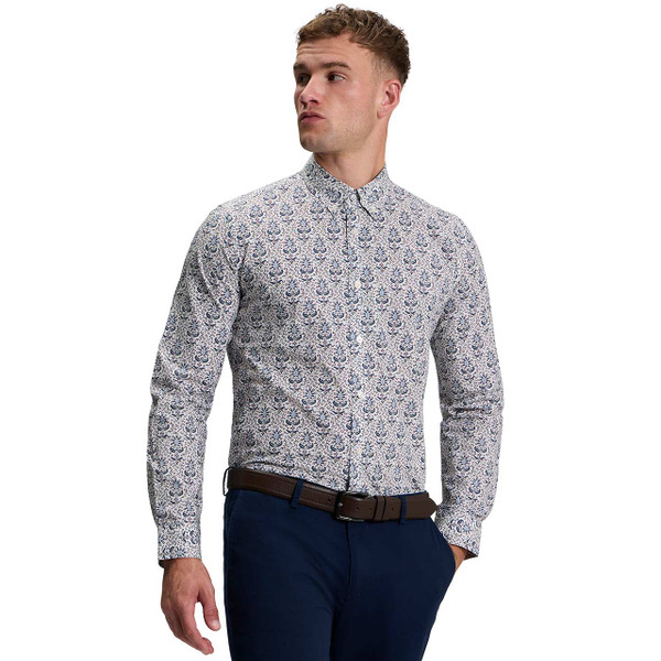 Model Wearing Ben Sherman 60s Mod Intricate Floral Print Shirt Snow White