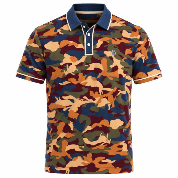 Original Penguin Earl Multicoloured Camo Print Polo Shirt in Sargasso Sea - Front