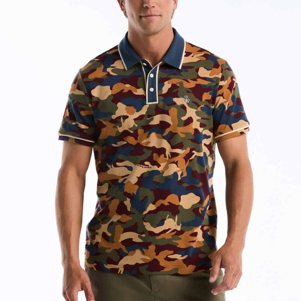 Model Wearing Original Penguin Earl Multicoloured Camo Print Polo Shirt in Sargasso Sea - Front