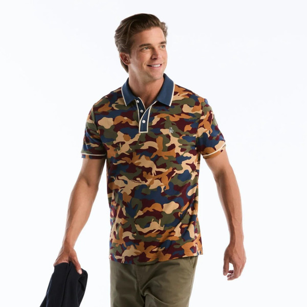 Model Wearing Original Penguin Earl Multicoloured Camo Print Polo Shirt in Sargasso Sea - Front