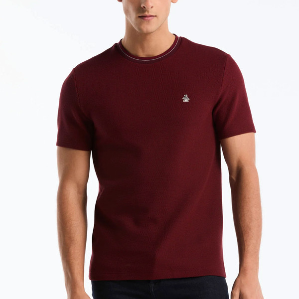 Man wearing Original Penguin Tonal Tipped Pique T-Shirt in Port Royale Red
